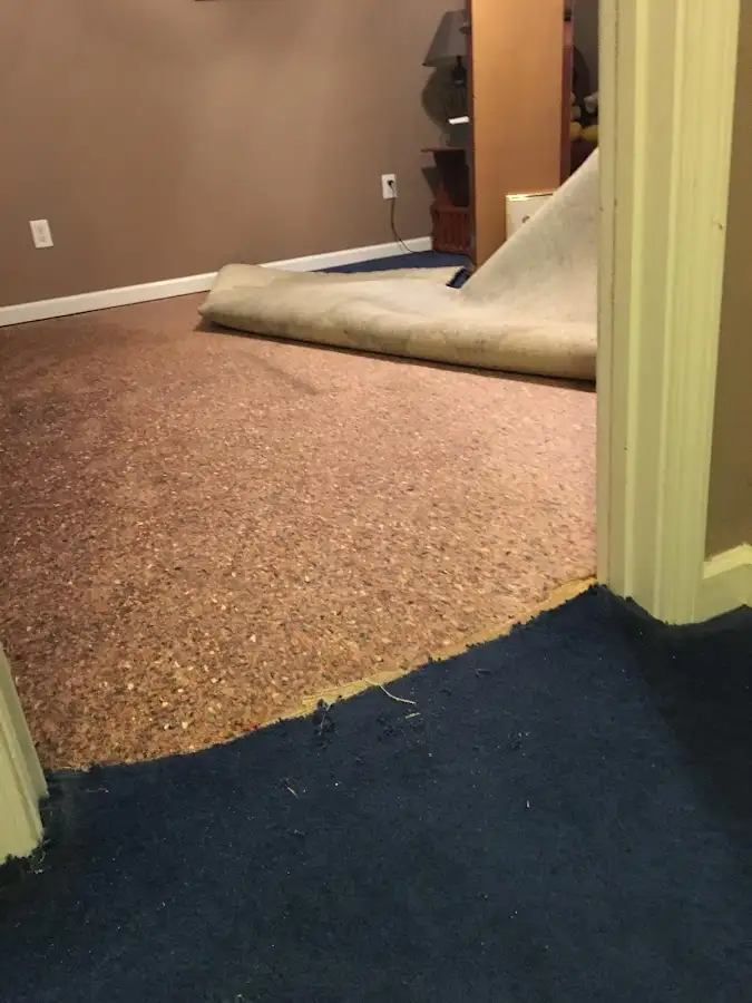 Carpet pad removal revealing water damage during Drying & Dehumidification in Matteson